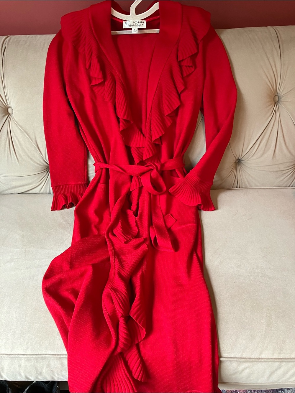 St. John Red Ruffle Knit Duster Cardigan Dress